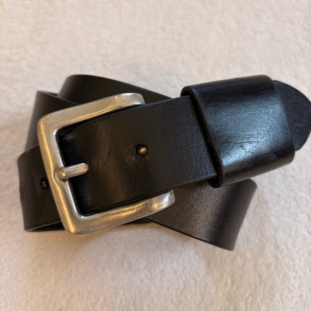 Men's Black Rugged Leather Belt with Brushed Silver Buckle Sz 36